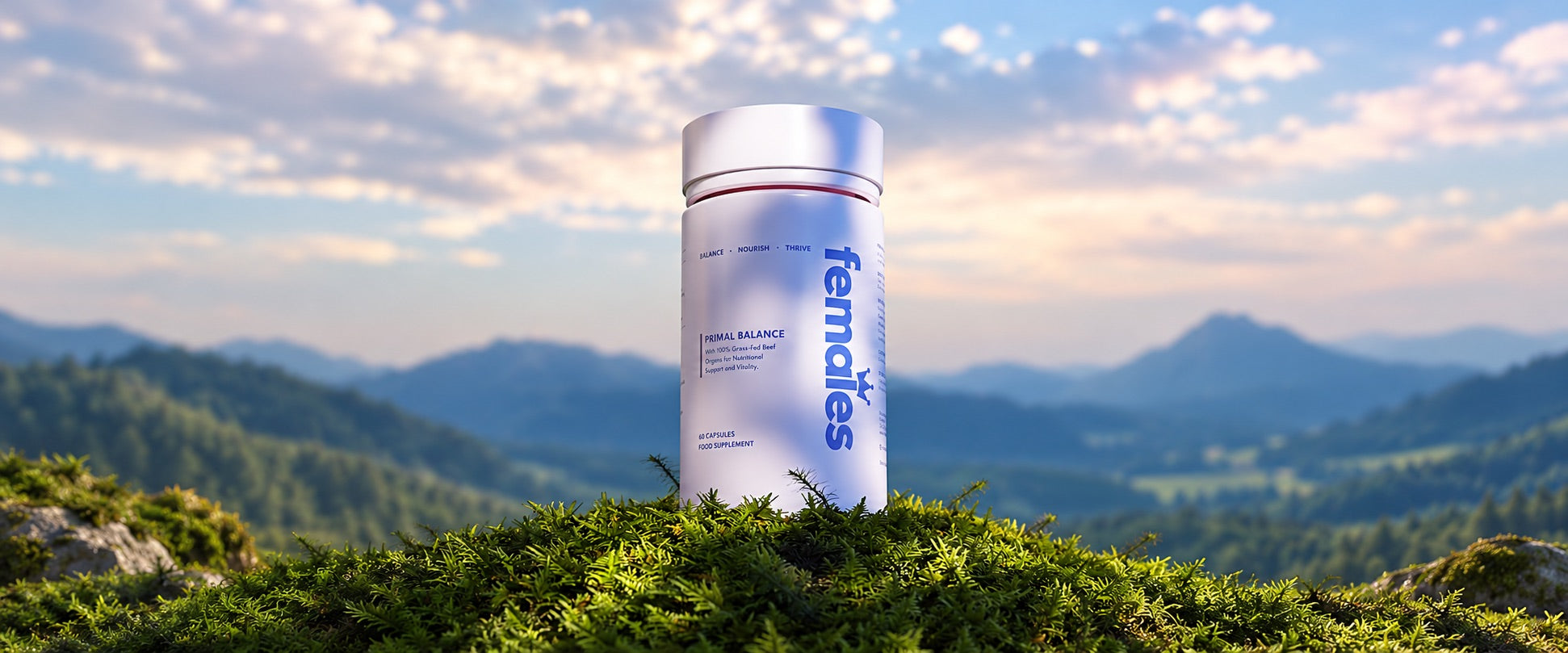 Primal Balance bottle on a mossy hillside
