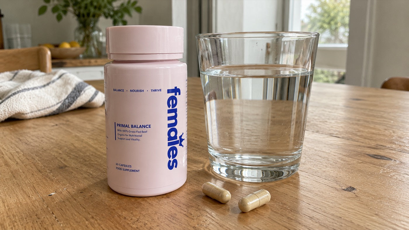 Primal Balance bottle beside a glass of water and two capsules on a kitchen table