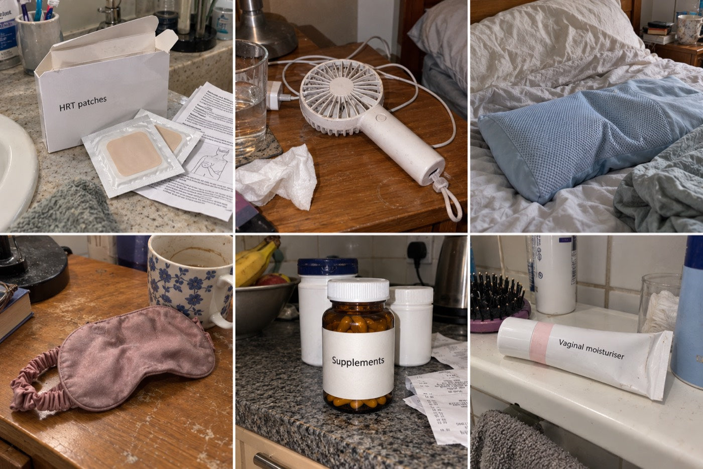 Six snapshots of everyday menopause remedies: HRT patches, a handheld fan, a cooling pillow, a sleep mask, supplement bottles and a moisturiser