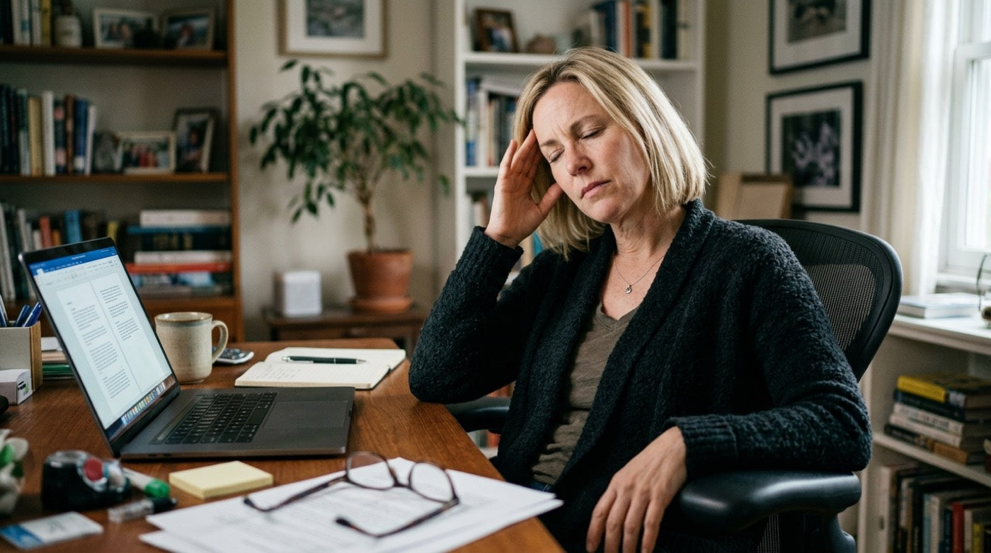 Woman leaning back from her laptop, hand to her temple, mid-afternoon