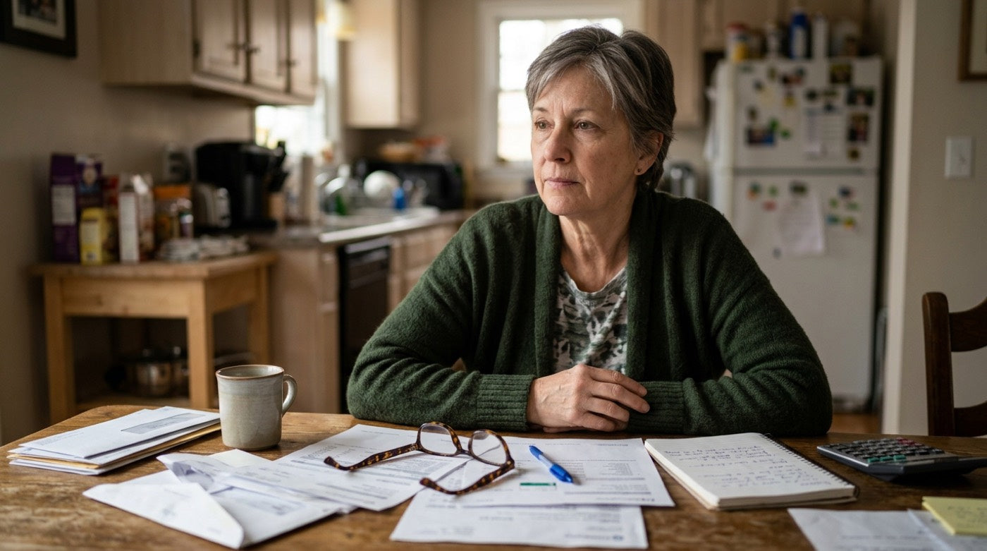 Woman at the kitchen table with bills and a notebook, staring into the middle distance
