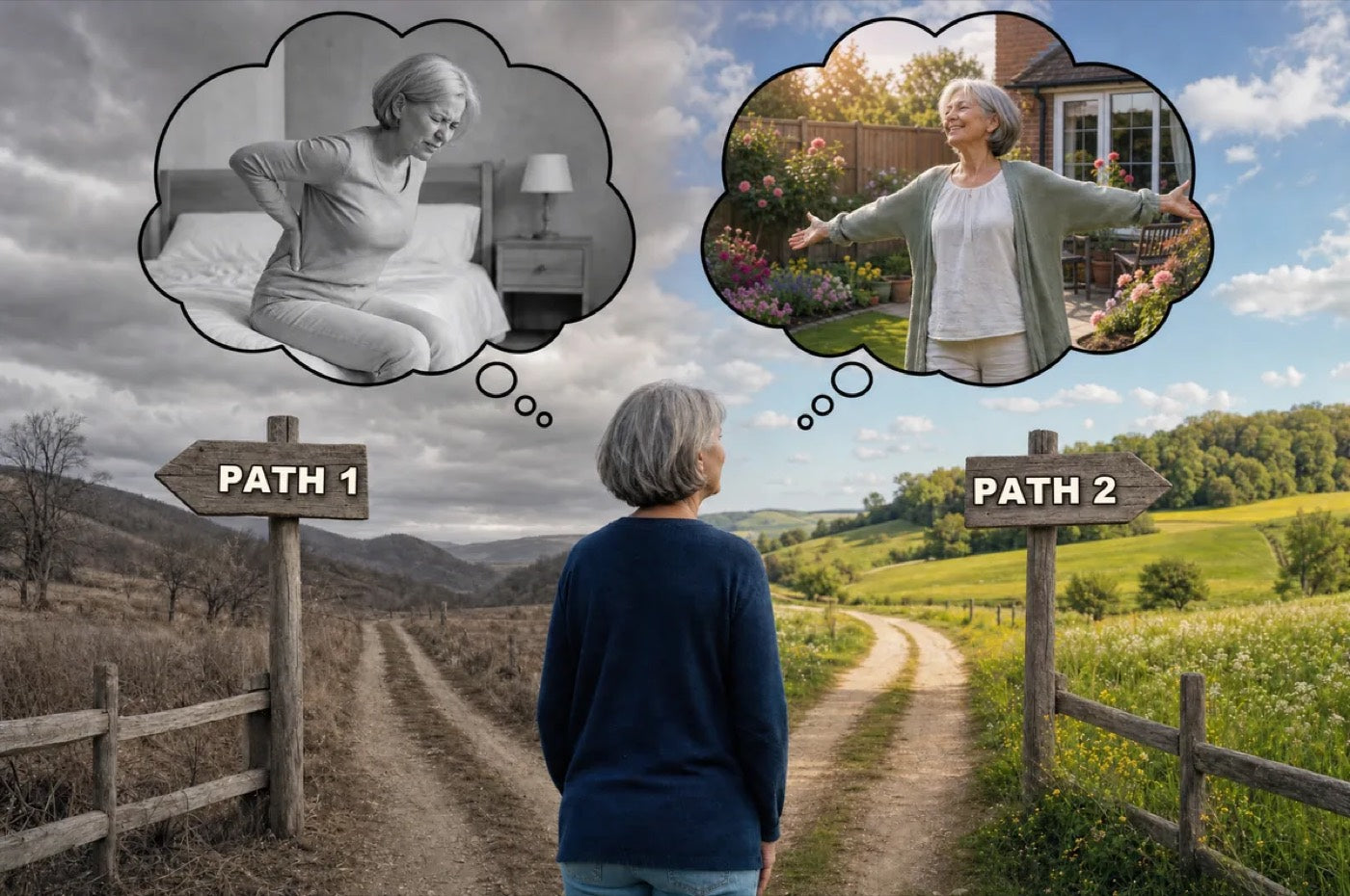 A woman at a fork in a country path: one sign points to a grey bedroom, the other to a sunlit garden