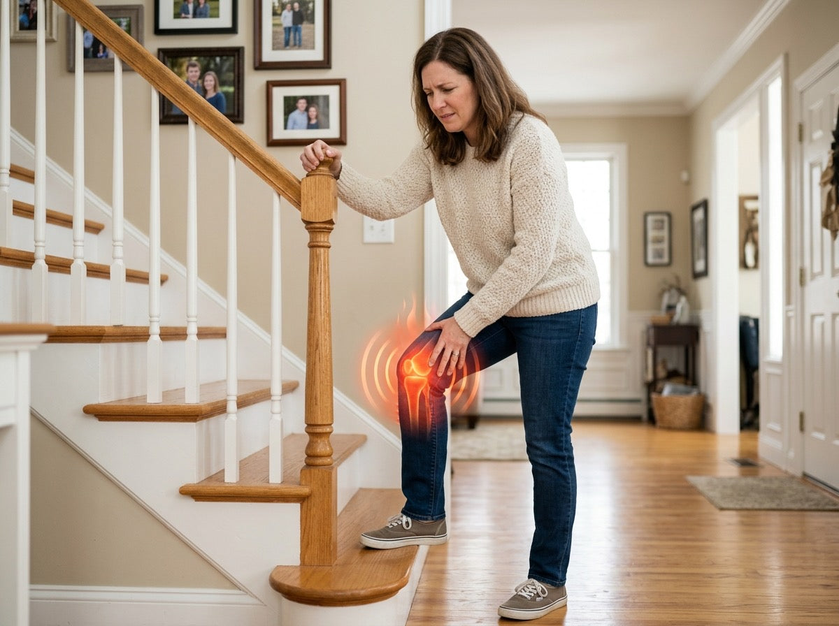 Woman gripping the banister at the foot of the stairs, one hand on a sore knee