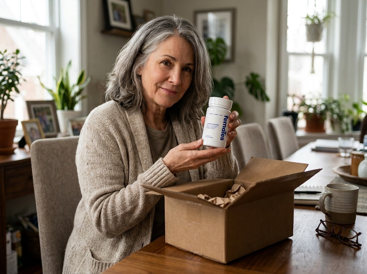 Woman at her dining table holding a bottle of Primal Balance she has just taken out of its delivery box